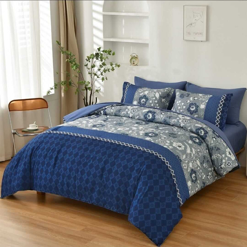 Dark Blue Floral & Geometric Comforter Set - Quilt Set (3Pcs)
