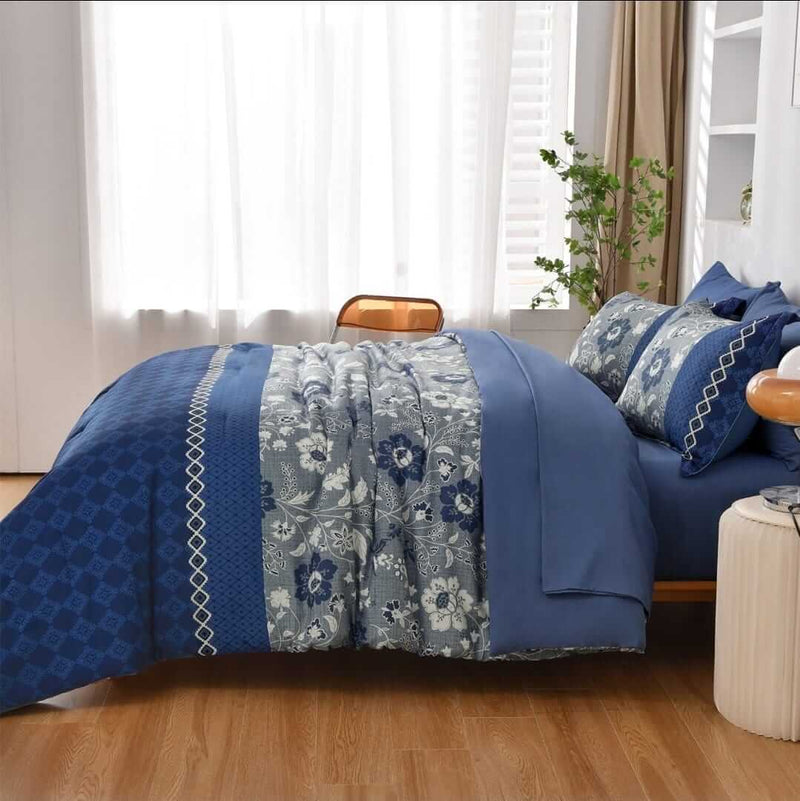 Dark Blue Floral & Geometric Comforter Set - Quilt Set (3Pcs)