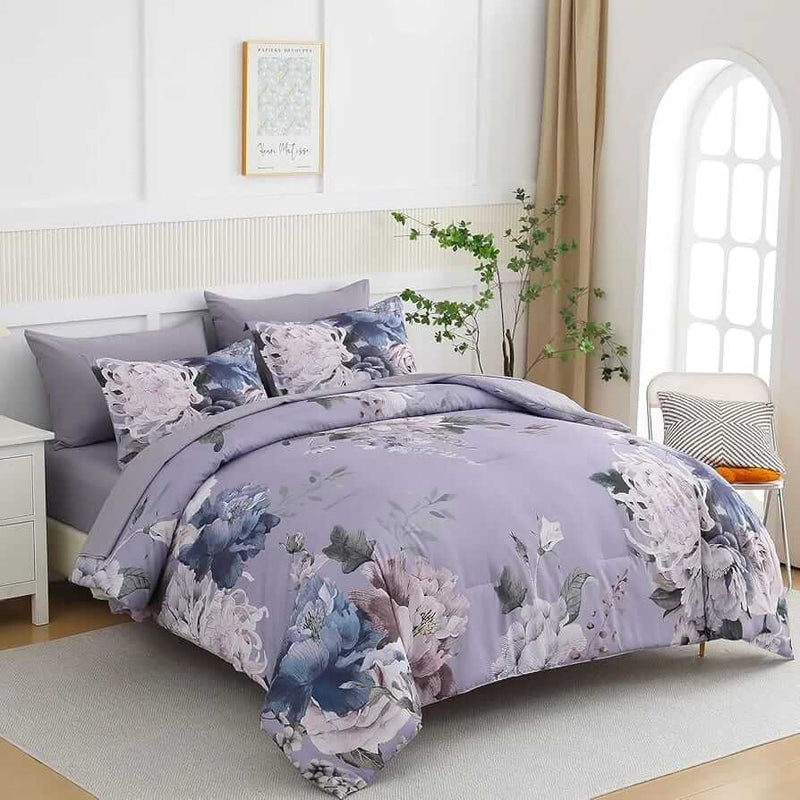 2025 Purple Base Botanical Comforter Set-Quilt Set (3Pcs)