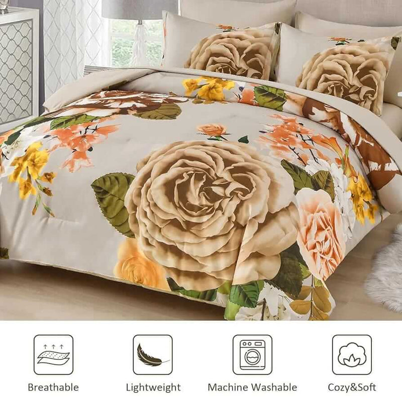 Beige Bloom Floral Comforter Set-Quilt Set (3Pcs)