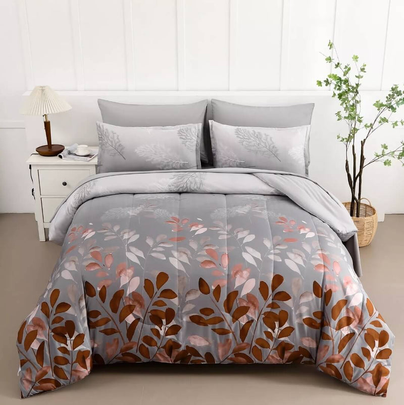 Brown Floral Quilted 7 Piece Comforter & Fitted/Flat Sheet Set Pillowcases
