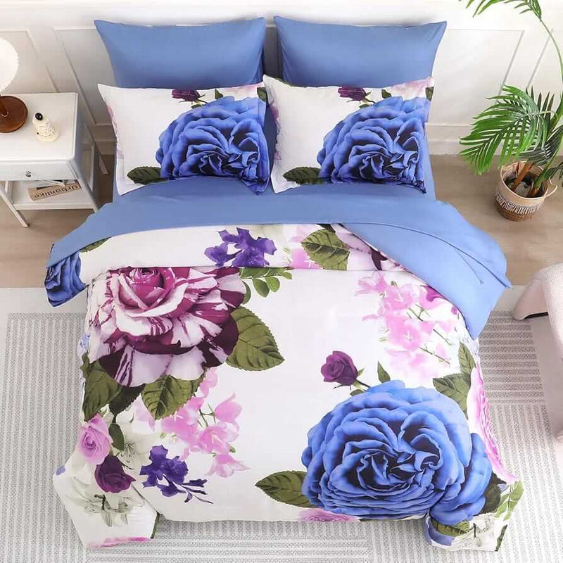 Navy Blue Flower Comforter Set-Quilt Set (3Pcs)
