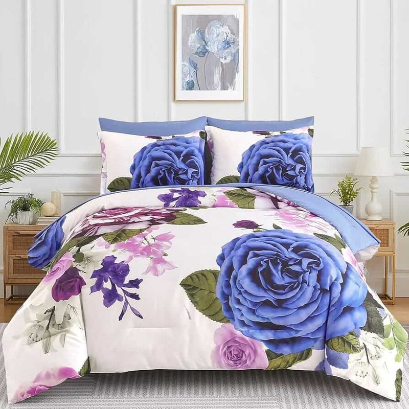 Navy Blue Flower Comforter Set-Quilt Set (3Pcs)