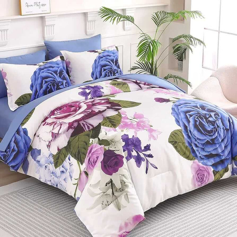 Navy Blue Flower Comforter Set-Quilt Set (3Pcs)