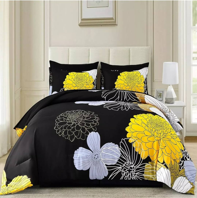 Black Floral Quilted 7 Piece Comforter & Fitted/Flat Sheet Set Pillowcases