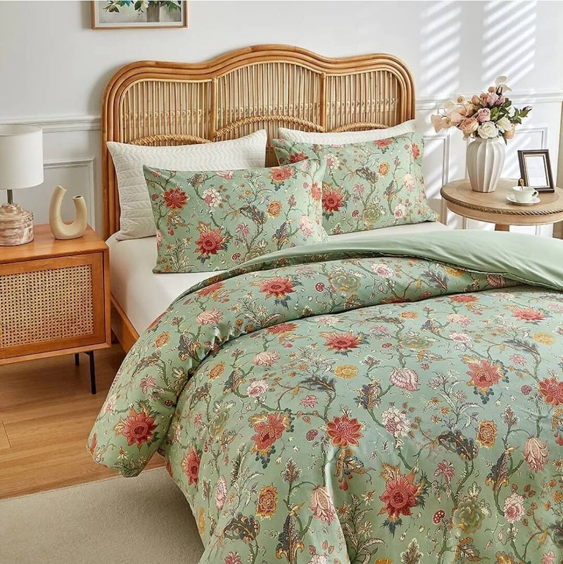 Green Base Multicolor Flowers Comforter Set-Quilt Set (3Pcs)