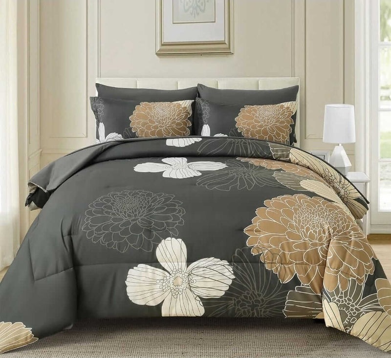 Contemporary Floral Comforter Set – Grey with Neutral Blossom Pattern