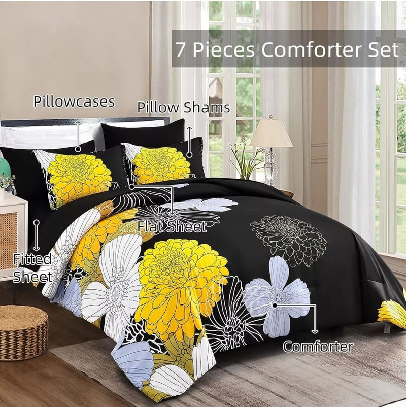 Black Floral Quilted 7 Piece Comforter & Fitted/Flat Sheet Set Pillowcases