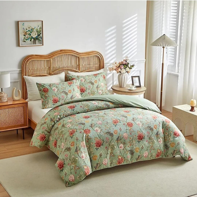 Green Base Multicolor Flowers Comforter Set-Quilt Set (3Pcs)