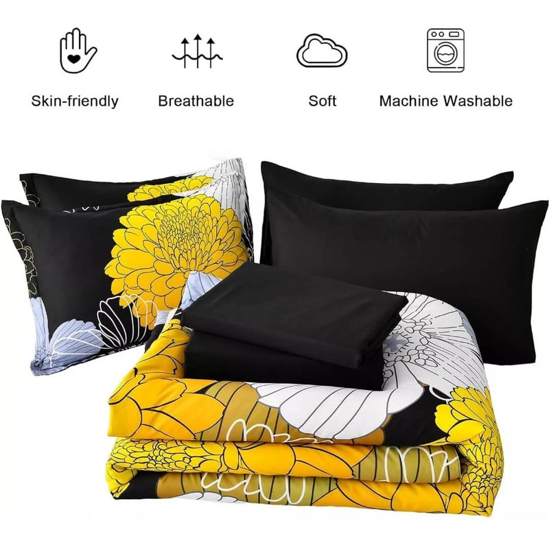 Black Floral Quilted 7 Piece Comforter & Fitted/Flat Sheet Set Pillowcases