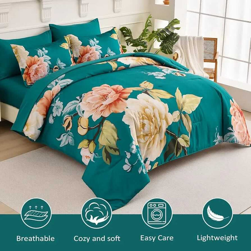 2025 Teal Green Floral Comforter Set-Quilt Set (3Pcs)