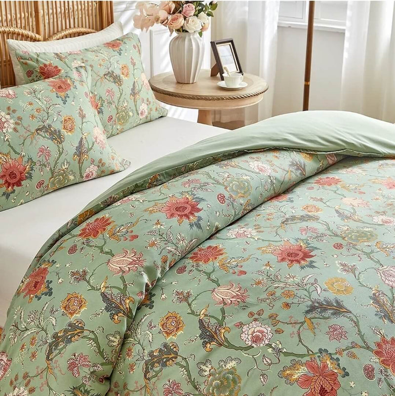 Green Base Multicolor Flowers Comforter Set-Quilt Set (3Pcs)