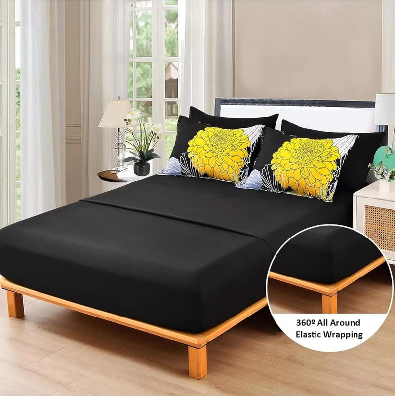 Black Floral Quilted 7 Piece Comforter & Fitted/Flat Sheet Set Pillowcases