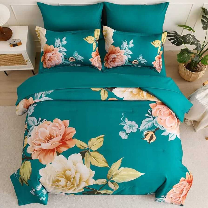 2025 Teal Green Floral Comforter Set-Quilt Set (3Pcs)