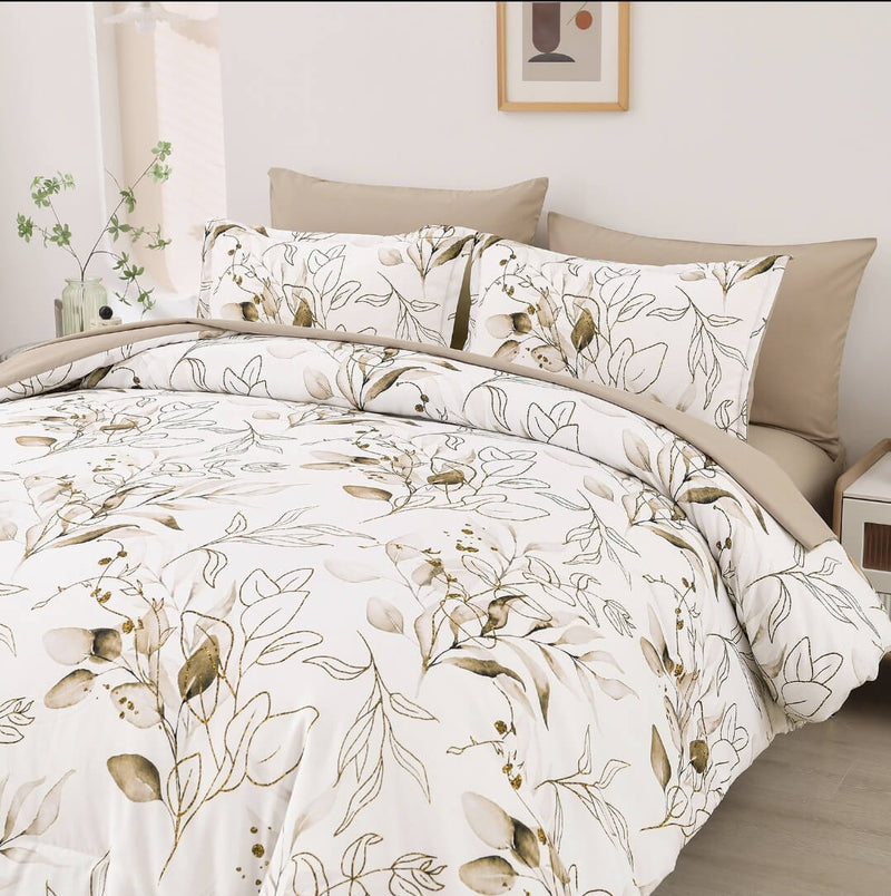 2025 Beige Floral Comforter Set-Quilt Set (3Pcs)