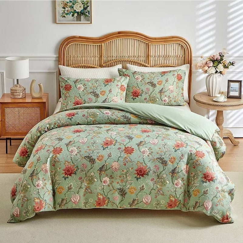 Green Base Multicolor Flowers Comforter Set-Quilt Set (3Pcs)