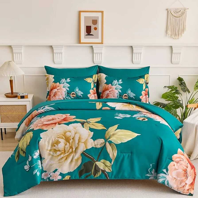 2025 Teal Green Floral Comforter Set-Quilt Set (3Pcs)