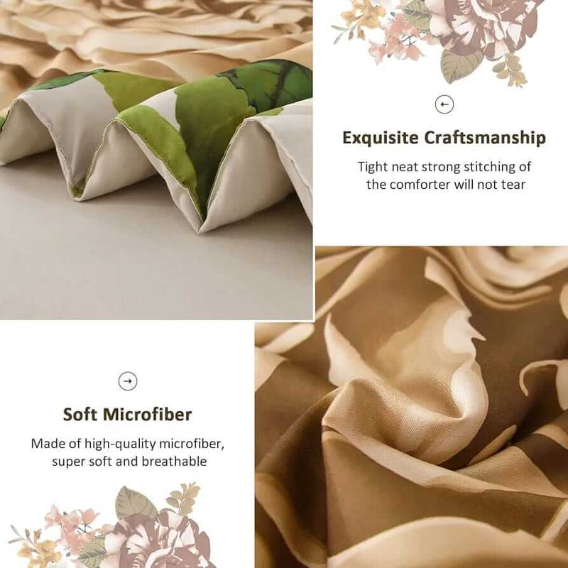 Beige Bloom Floral Comforter Set-Quilt Set (3Pcs)