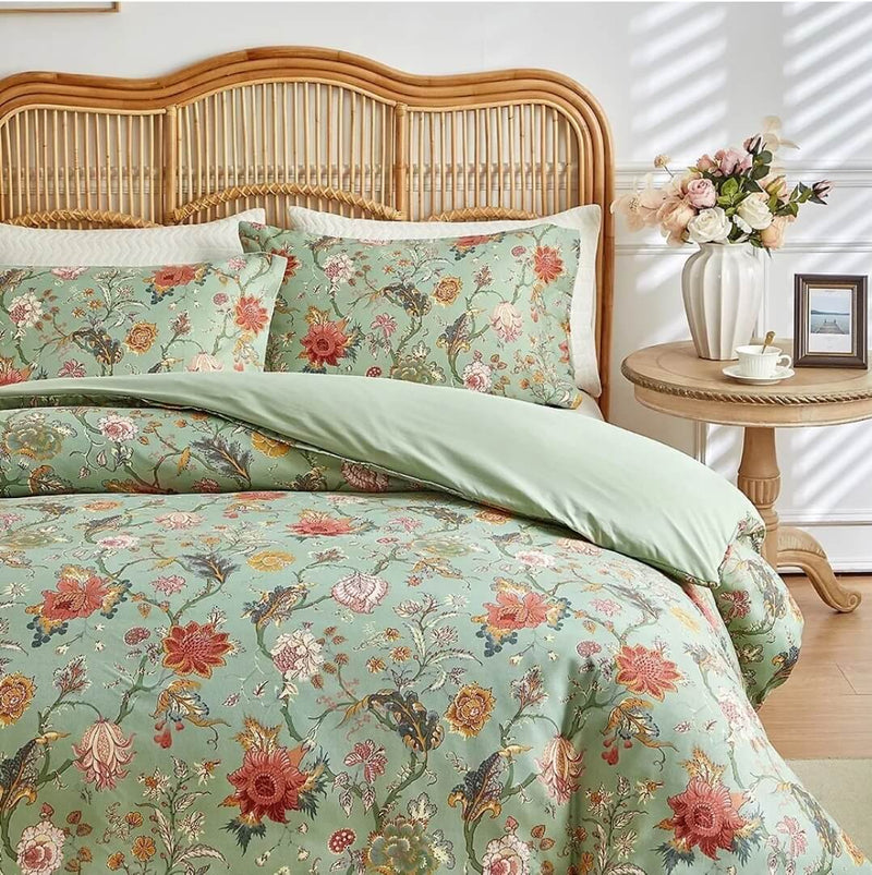 Green Base Multicolor Flowers Comforter Set-Quilt Set (3Pcs)