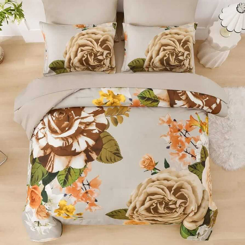 Beige Bloom Floral Comforter Set-Quilt Set (3Pcs)