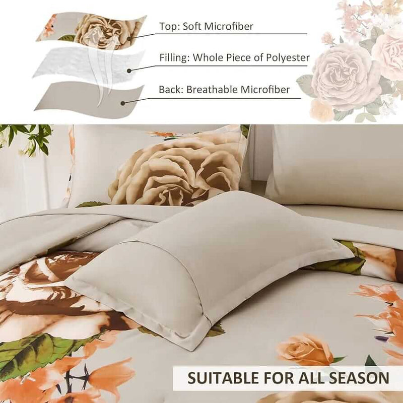 Beige Bloom Floral Comforter Set-Quilt Set (3Pcs)