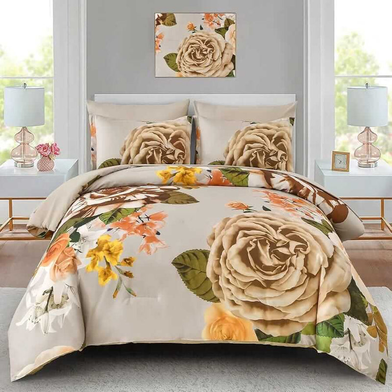 Beige Bloom Floral Comforter Set-Quilt Set (3Pcs)