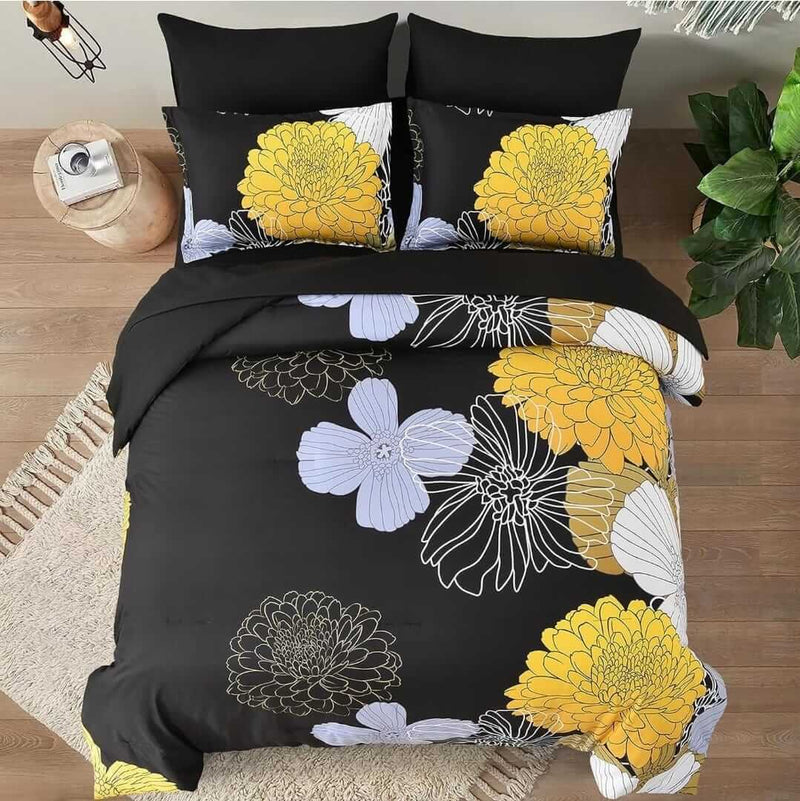 Contemporary Floral Comforter Set – Black with Yellow Blossom Pattern