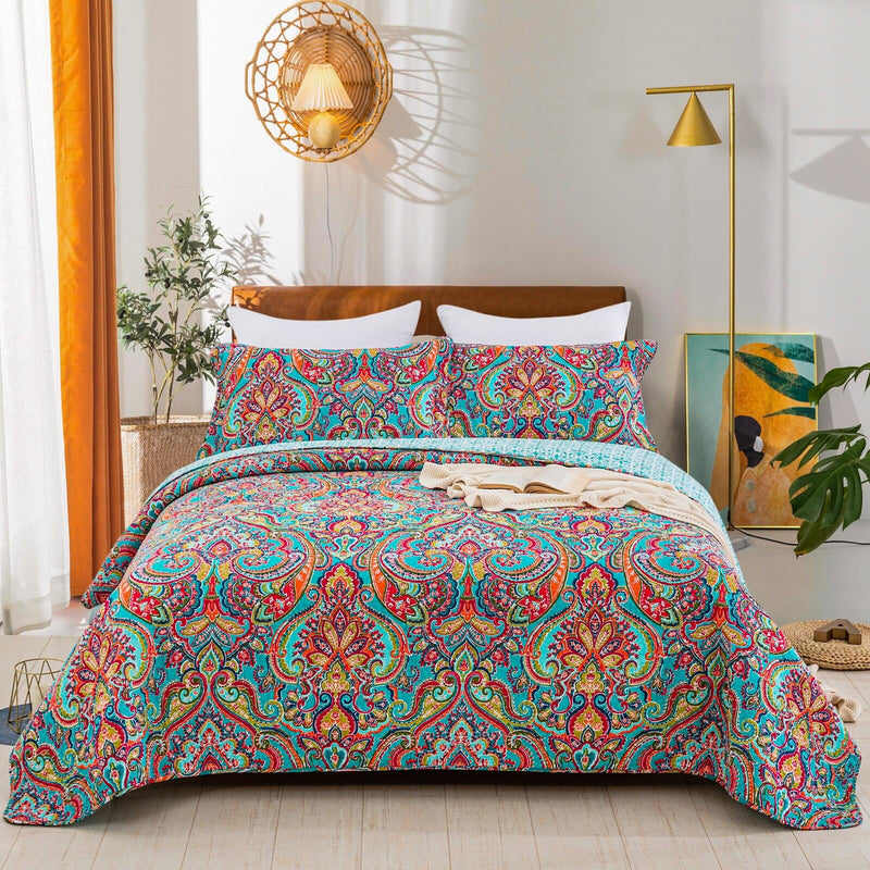 100% Cotton Multicolor Floral Bedspread Set – Soft & Breathable Coverlet Set (3Pcs)