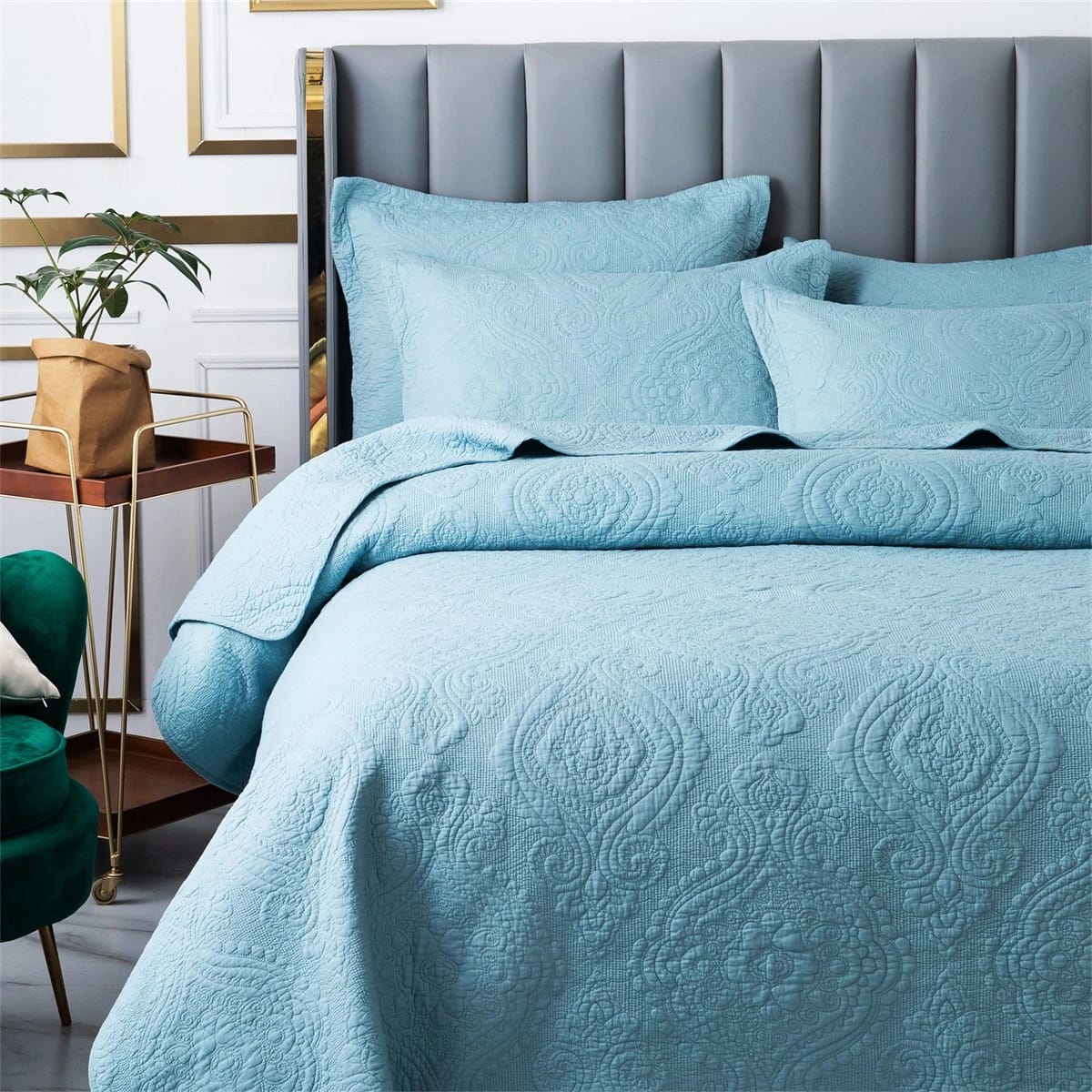 Pure Cotton Sky Blue Patterned Coverlet Set-Quilted Bedspread Sets (3P