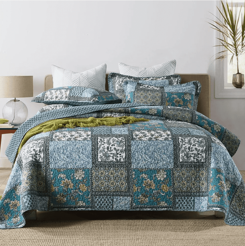 100% Cotton Bedspread Coverlet Set (3Pcs) - Teal Patchwork