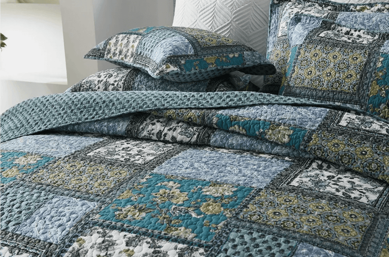 100% Cotton Bedspread Coverlet Set (3Pcs) - Teal Patchwork