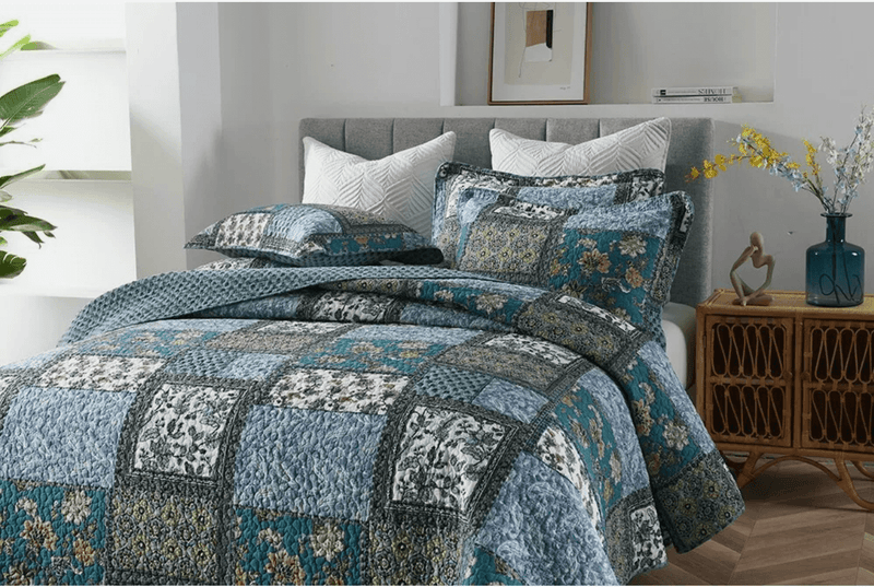 100% Cotton Bedspread Coverlet Set (3Pcs) - Teal Patchwork