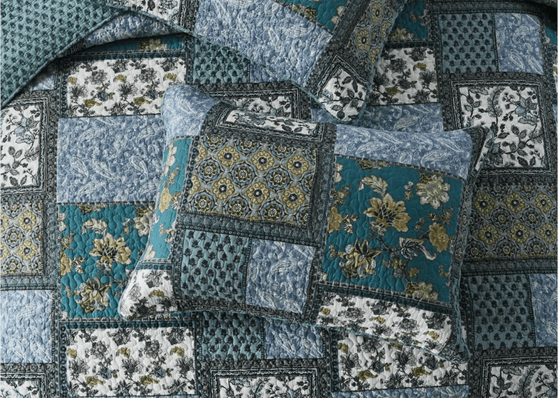 100% Cotton Bedspread Coverlet Set (3Pcs) - Teal Patchwork