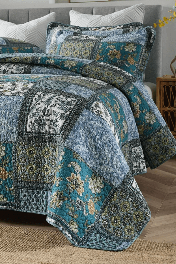 100% Cotton Bedspread Coverlet Set (3Pcs) - Teal Patchwork