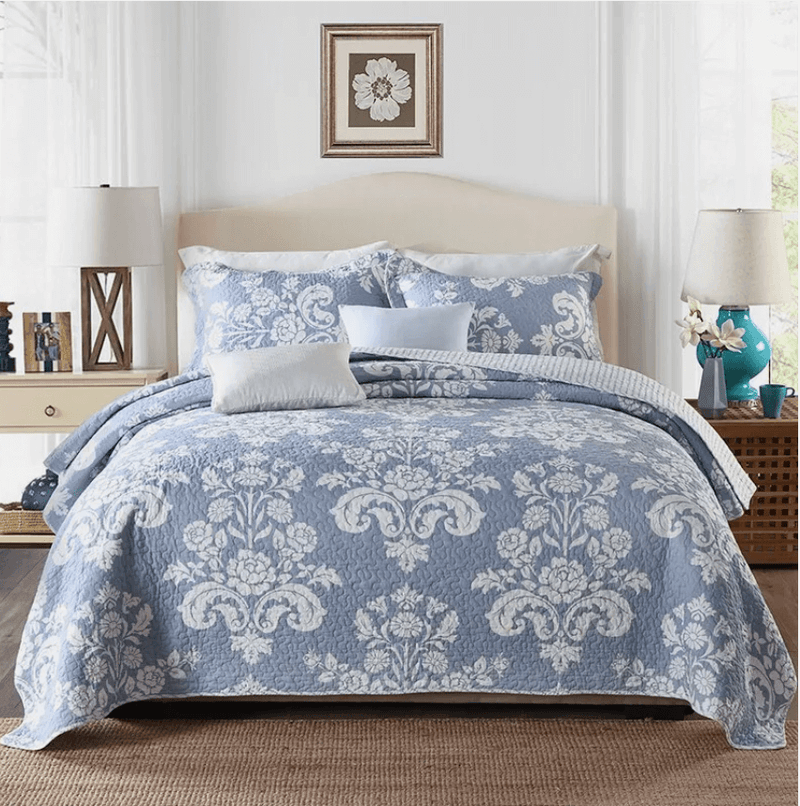 100% Cotton Bedspread Set (3Pcs) - New Blue Floral Coverlet Set