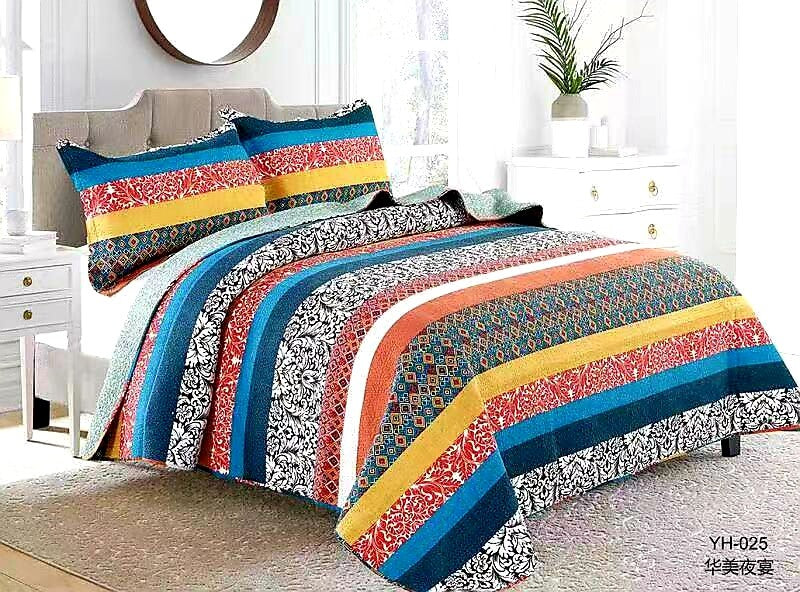 100% Cotton Multicolor Striped Bedspread Set – Soft & Breathable Cover