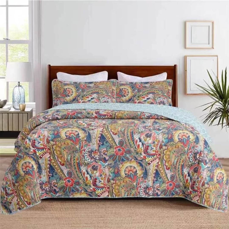 100% Cotton Boho Paisley Garden  Bedspread Set – Soft & Breathable Coverlet Set (3Pcs)