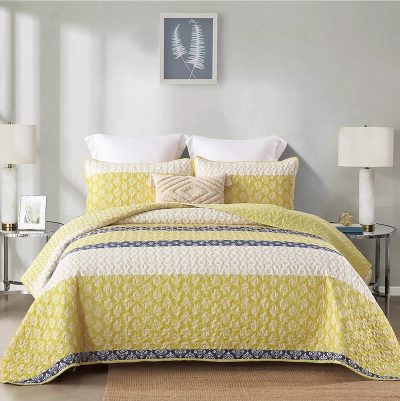 2025 Yellow Striped Coverlet Set-Quilted Bedspread Sets (3Pcs)