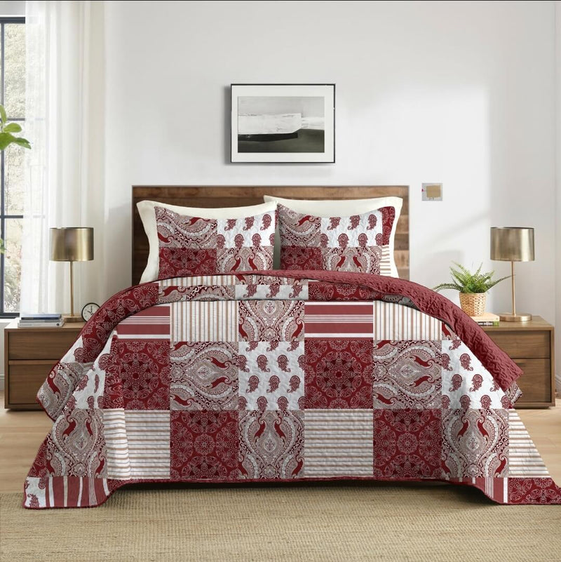 Burgundy Patchwork Coverlet Set-Quilted Bedspread Sets (3Pcs)