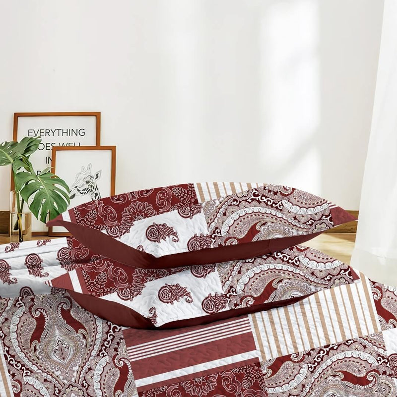 Burgundy Patchwork Coverlet Set-Quilted Bedspread Sets (3Pcs)