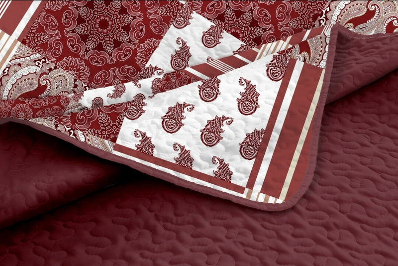 Burgundy Patchwork Coverlet Set-Quilted Bedspread Sets (3Pcs)