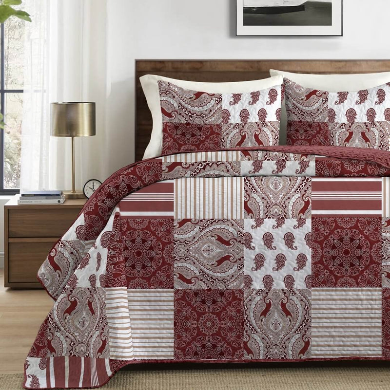 Burgundy Patchwork Coverlet Set-Quilted Bedspread Sets (3Pcs)