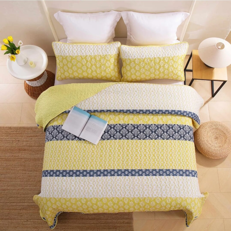 2025 Yellow Striped Coverlet Set-Quilted Bedspread Sets (3Pcs)