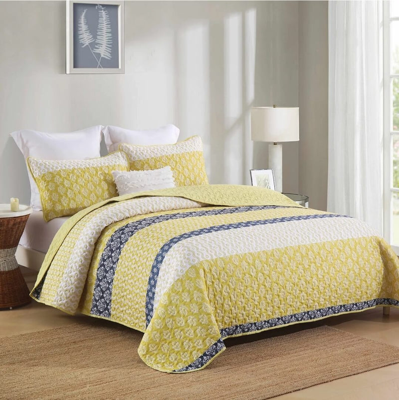 2025 Yellow Striped Coverlet Set-Quilted Bedspread Sets (3Pcs)