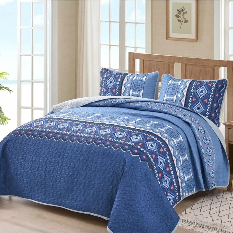 Dark Blue Patchwork Coverlet Set-Quilted Bedspread Sets (3Pcs)