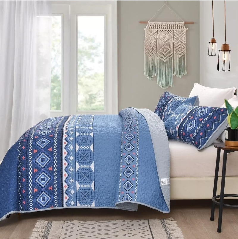 Dark Blue Patchwork Coverlet Set-Quilted Bedspread Sets (3Pcs)