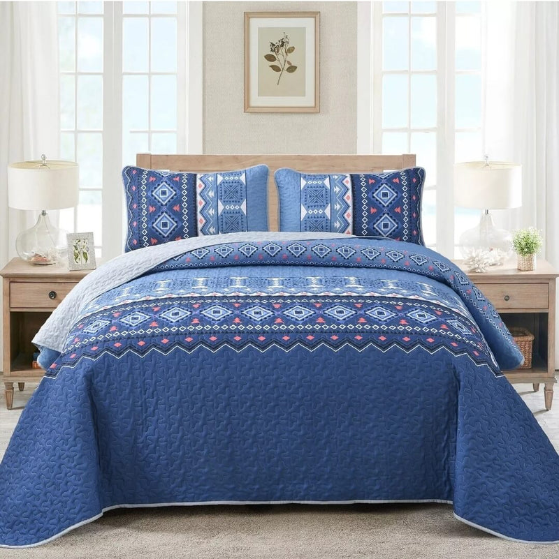 Dark Blue Patchwork Coverlet Set-Quilted Bedspread Sets (3Pcs)