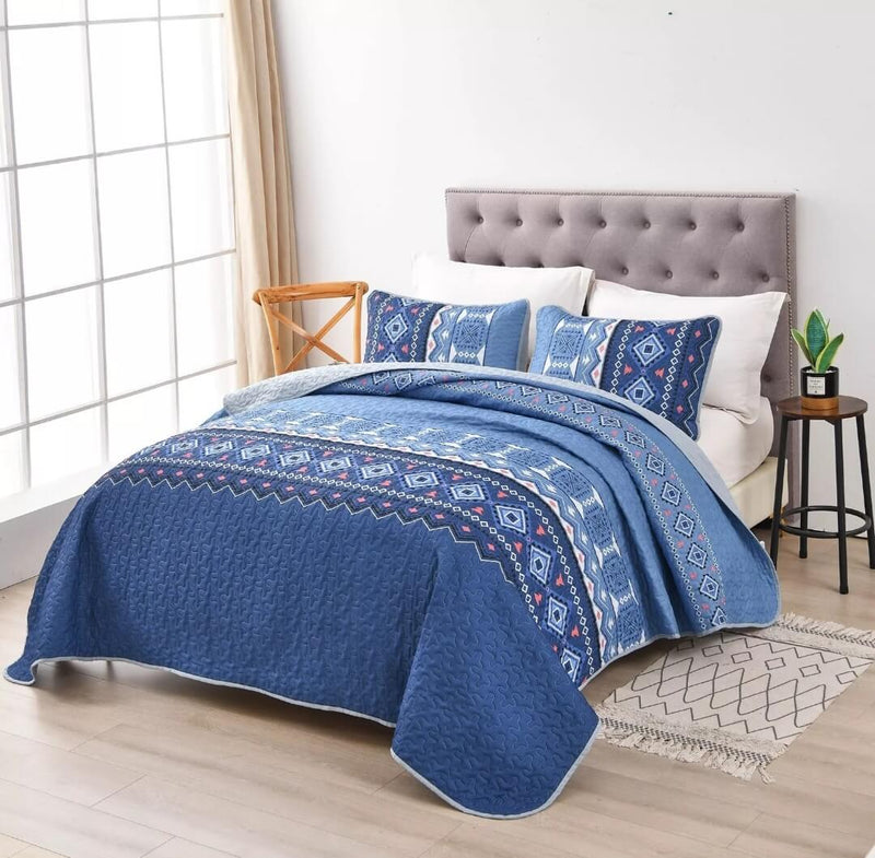 Dark Blue Patchwork Coverlet Set-Quilted Bedspread Sets (3Pcs)