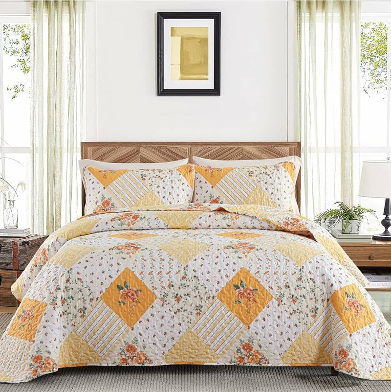 Bright Yellow Patchwork Bedspread Set-3 Piece Vibrant Quilted Coverlet