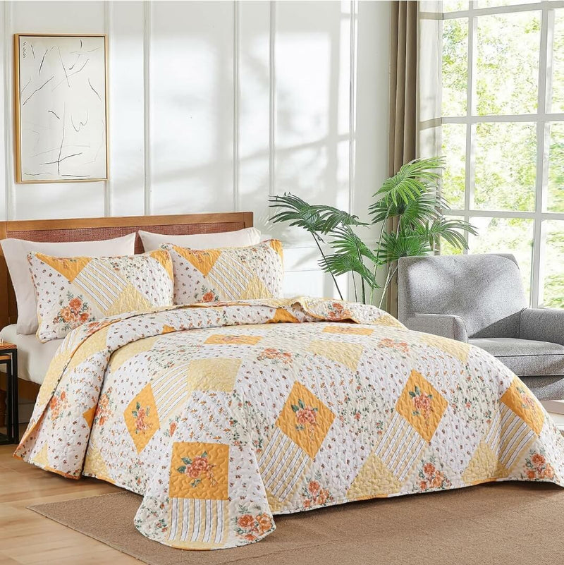 Bright Yellow Patchwork Bedspread Set-3 Piece Vibrant Quilted Coverlet